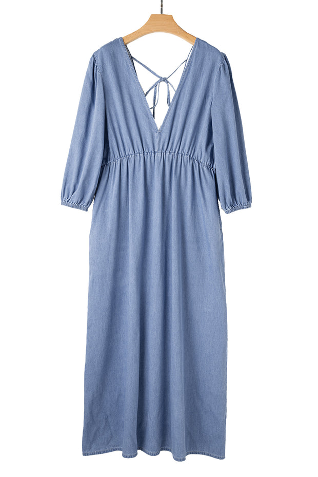 Vestido largo Myosotis Chambray con escote en V profundo y mangas con brazalete