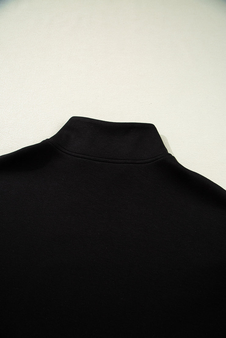 Black Contrast Zipped Stand Collared T Shirt and Short Set