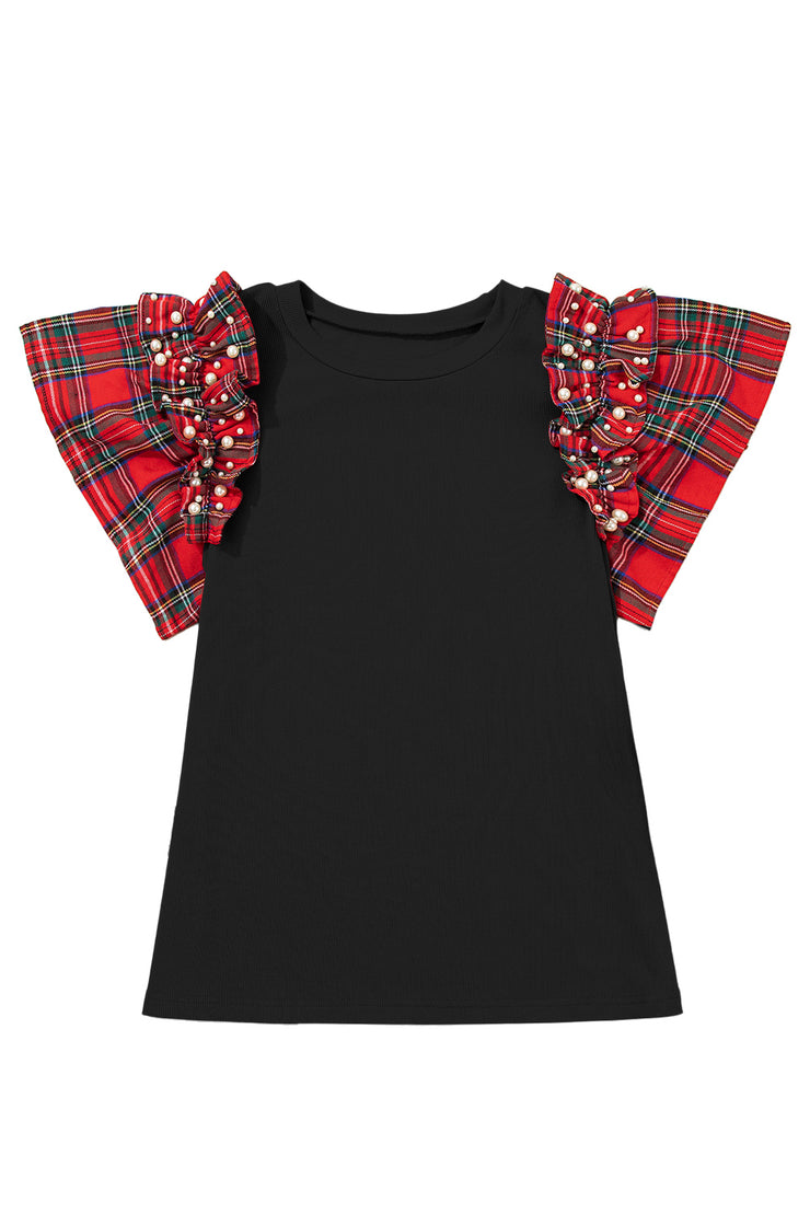 Black Plaid Pearl Ruffle Short Sleeve Loose T Shirt
