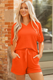 Orange Textured V Neck T Shirt and Shorts Set