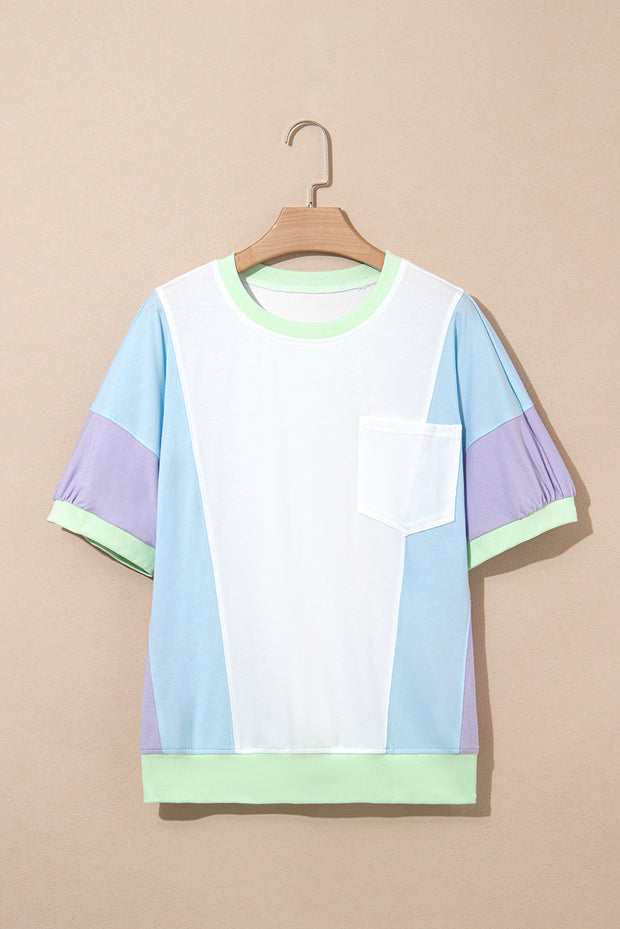 Camiseta oversize de media manga con patchwork y bloques de color blanco