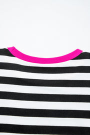 Black Stripe Contrast Ribbed Banding Long Sleeve Blouse Loose Shorts Set