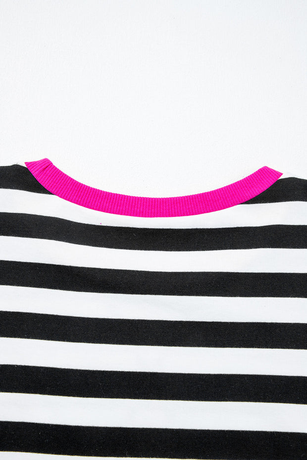 Black Stripe Contrast Ribbed Banding Long Sleeve Blouse Loose Shorts Set