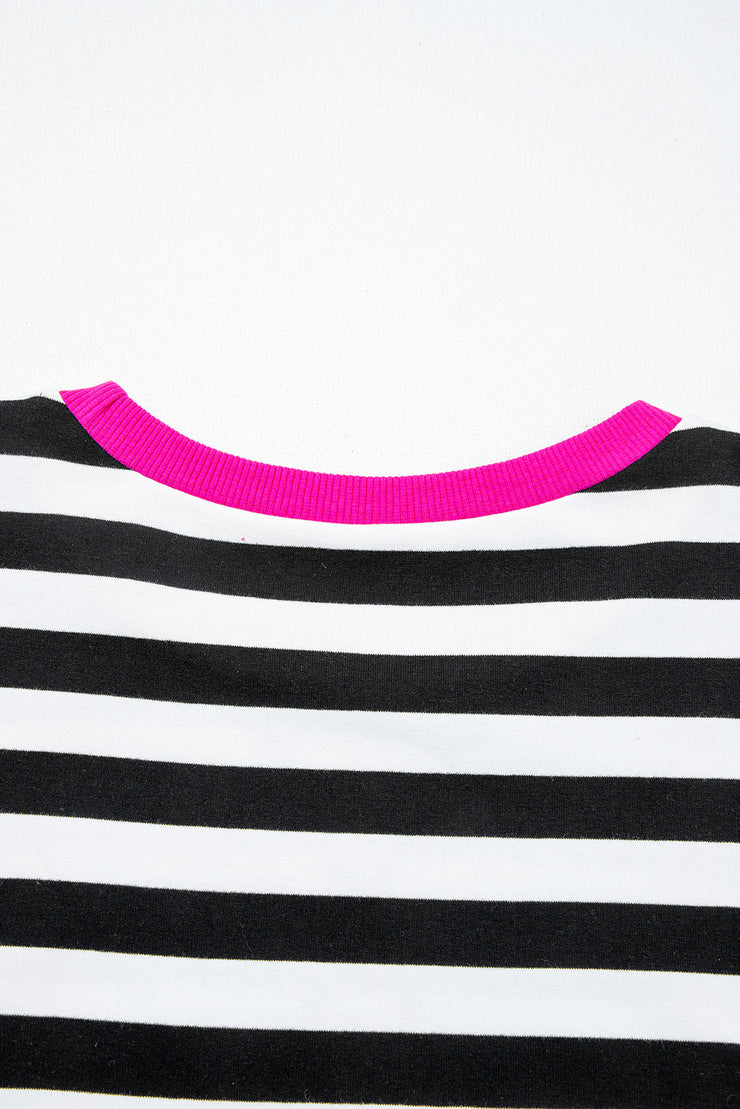 Black Stripe Contrast Ribbed Banding Long Sleeve Blouse Loose Shorts Set