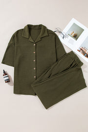 Four Leaf Clover Solid Color Textured Buttoned Shirt and Casual Pants Set