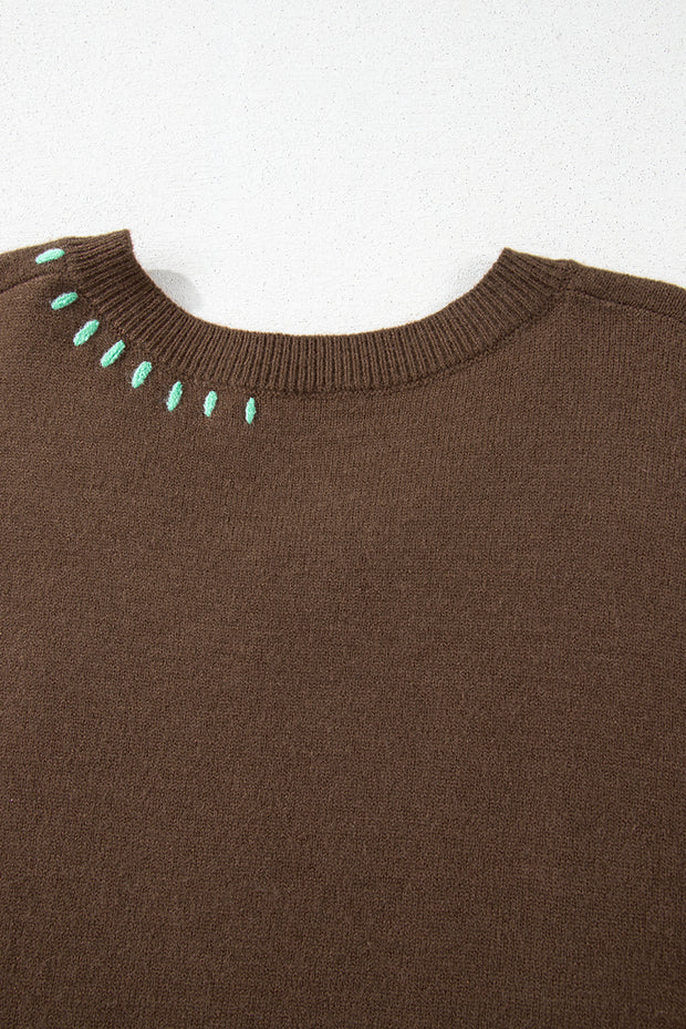 Coffee Big Flower Pattern V Neck Drop Shoulder Sweater