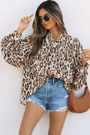 Jet Stream Oversized Leopard Print Balloon Sleeve Casual Shirt
