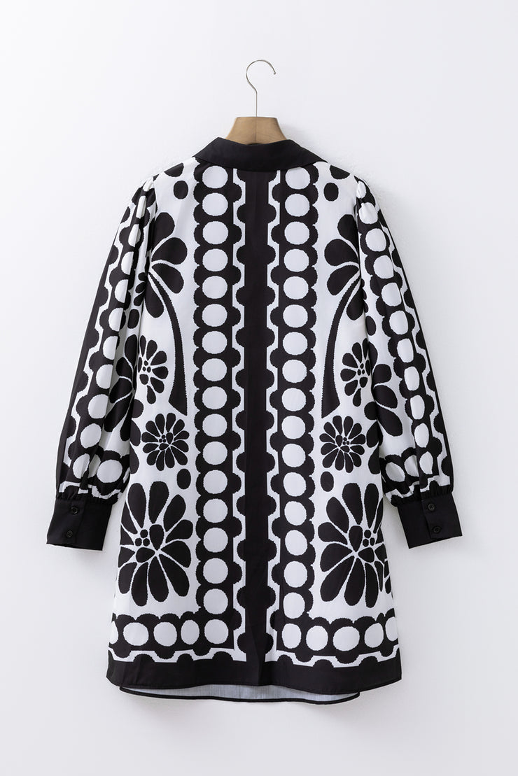 Black Polka Dot Floral Printed V Neck Long Sleeve Shift Mini Dress