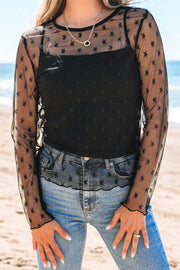 Black Star Print Mesh Sheer Slim Long Sleeve Top