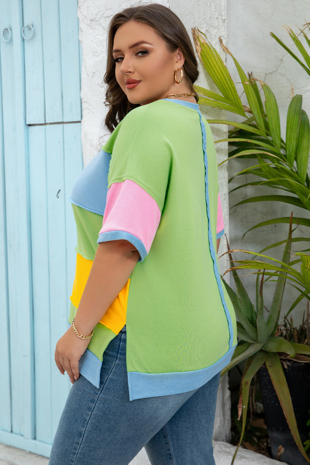 Light Blue Color Block Exposed Seam Patchwork Plus Size T Shirt