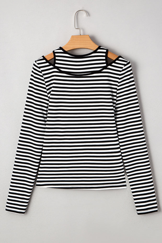 Black Stripe Double-layer Cold Shoulder Long Sleeve Top
