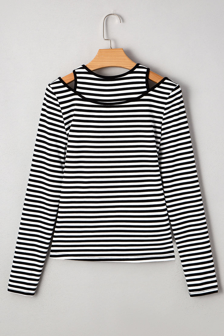 Black Stripe Double-layer Cold Shoulder Long Sleeve Top