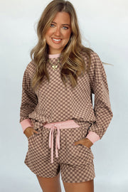 Brown Checkerboard Long Sleeve Pullover and Shorts Set