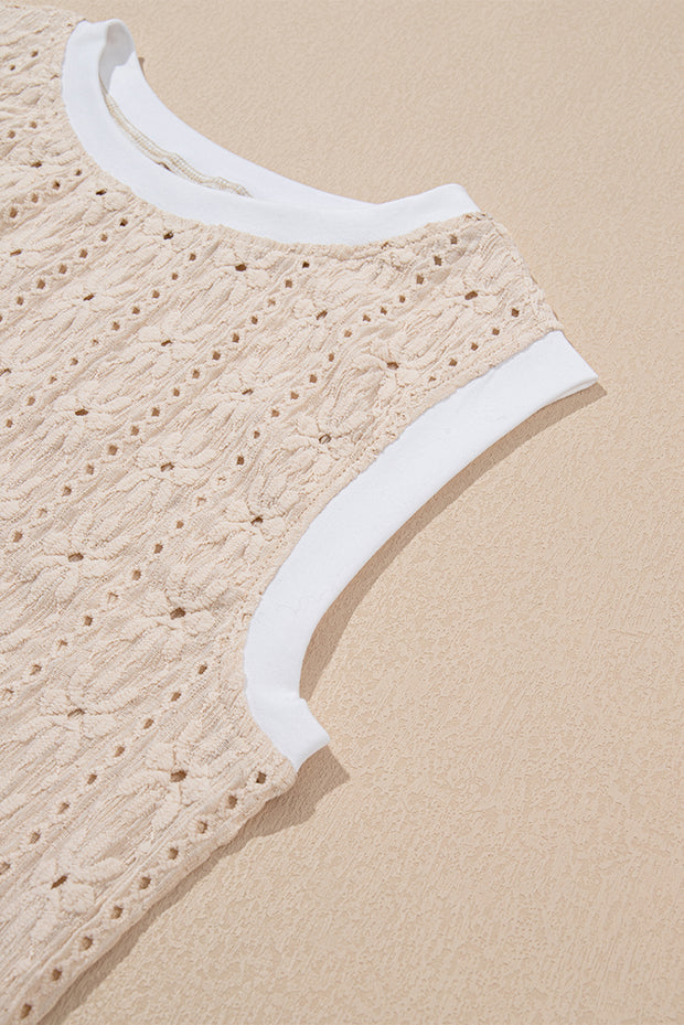 Camiseta sin mangas con cuello redondo y textura floral en color avena