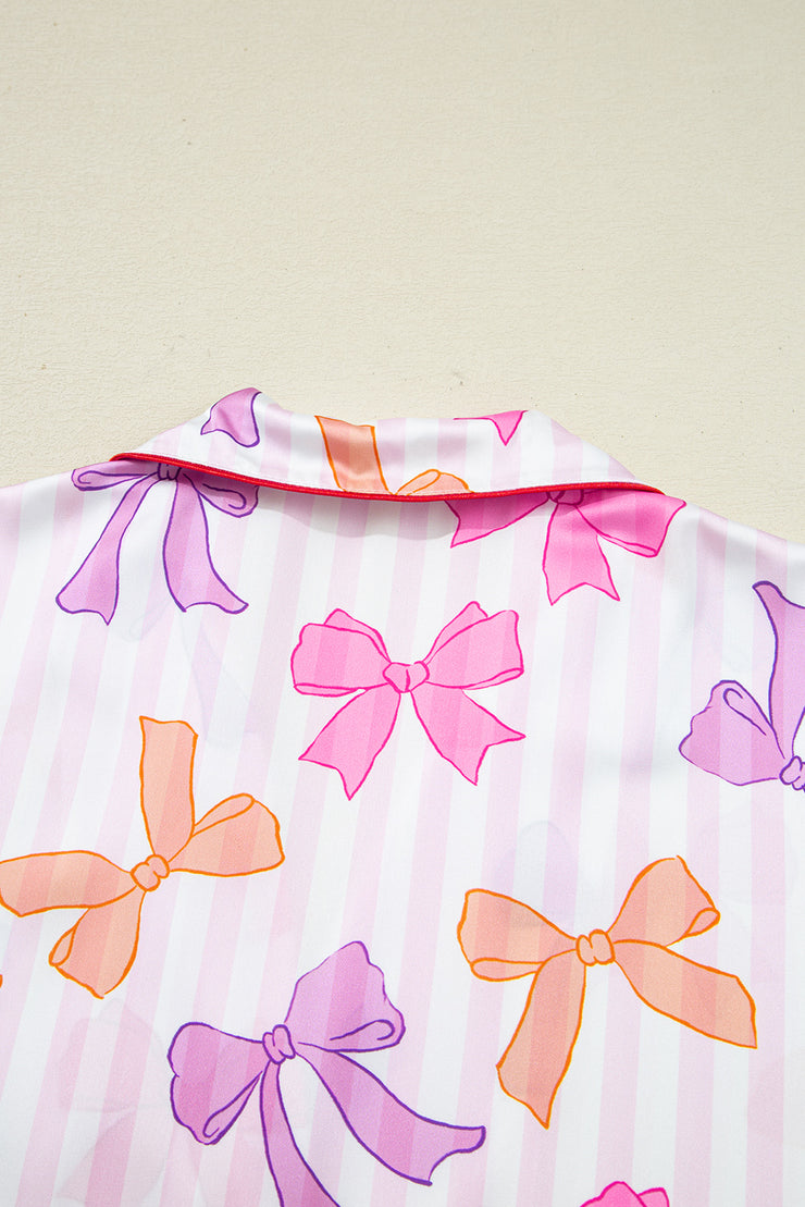 Pink Striped Bow Print Contrast Piping Trim Shirt and Pants 2pcs Pajama Set