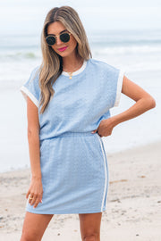 Beau Blue Contrast Trim Textured Crewneck Tee and Pocketed Skirt Set