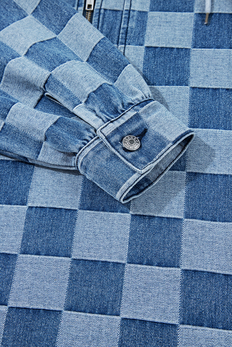 Sky Blue Checkerboard Zipped Neck Kangaroo Pocket Denim Hoodie