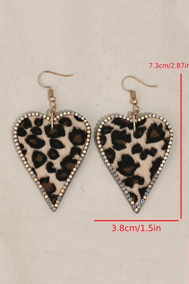 Pendientes con forma de corazón y estampado de leopardo con bordes de diamantes de imitación multicolor