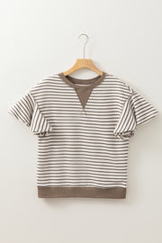 Parchment Contrast Detail Striped Ruffle Short Sleeve Top