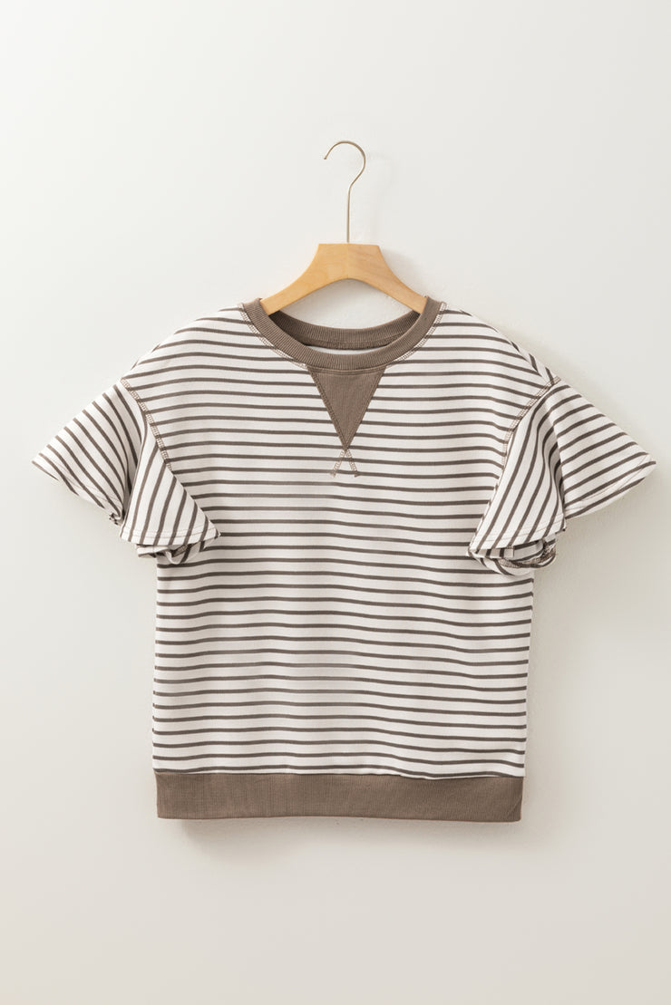 Parchment Contrast Detail Striped Ruffle Short Sleeve Top