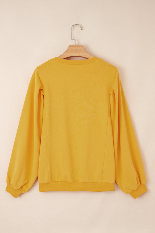 Citrus Pleated Balloon Sleeve Pullover Solid Sweatshirt