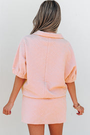 Light Pink Striped Collared Zip up Textured Skirt Set