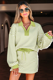 Green Stripe Collared V Neck Drop Shoulder Pullover and Skort 2pcs Outfit