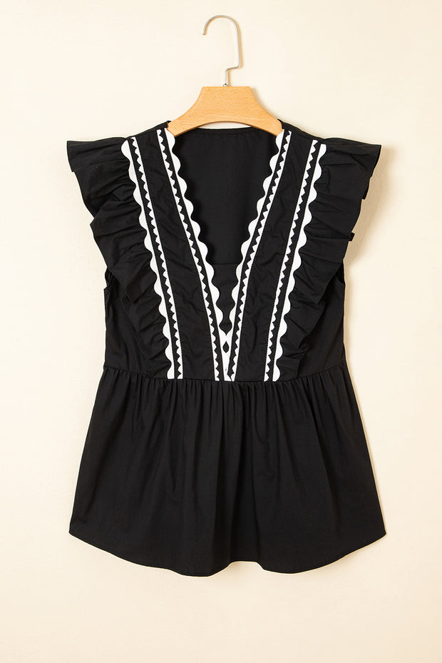 Black Contrast Ricrac Trim Ruffled V Neck Peplum Top