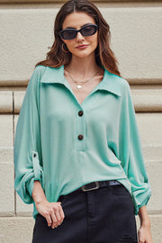 Light Blue Oversized Twist Ribbed Collared Henley Top with Roll up Sleeve