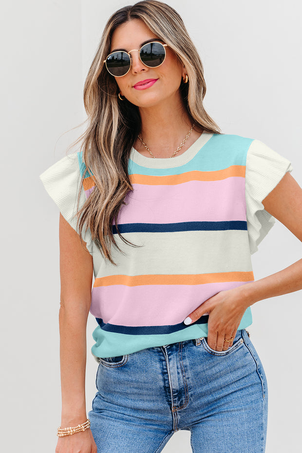 Multicolour Striped Color Block Flutter Sleeve Patchwork Sweater Top