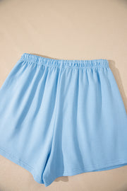 Myosotis V Neck Drop Shoulder Tee and Patchwork Drawstring Shorts Set