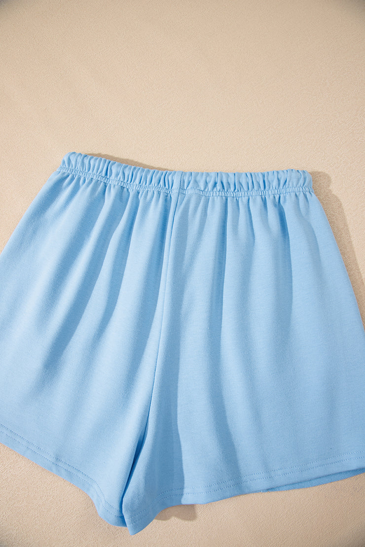 Myosotis V Neck Drop Shoulder Tee and Patchwork Drawstring Shorts Set