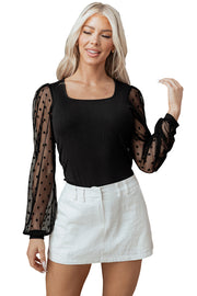 Black Polka Dot Mesh Puff Sleeve Patchwork Ribbed Square Neck Slim Top