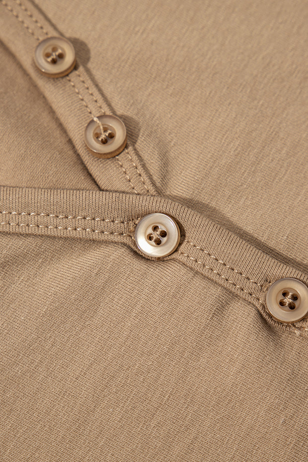 Pale Khaki Long Sleeve Buttons V Neck Slim Fit Top