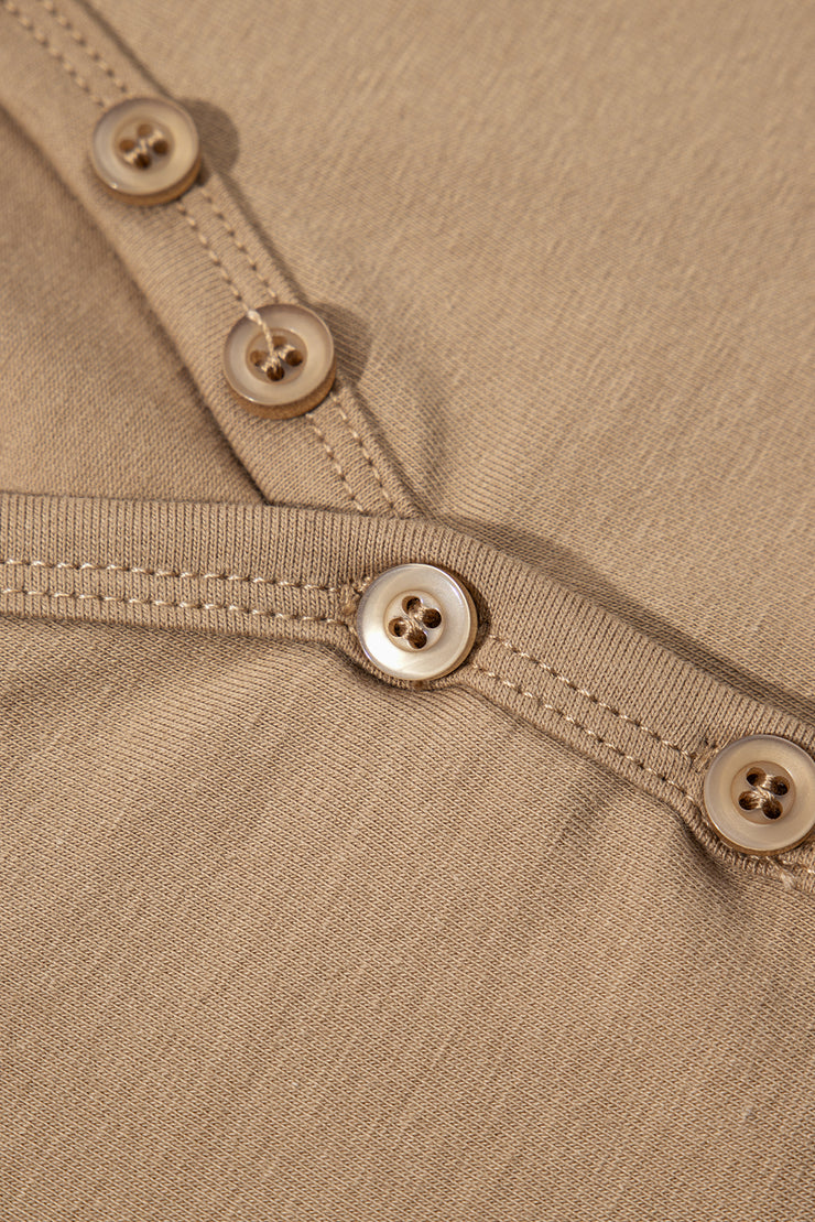 Pale Khaki Long Sleeve Buttons V Neck Slim Fit Top