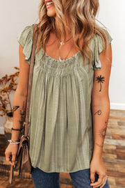 Top sin mangas holgado con cuello redondo fruncido y mangas con volantes a rayas verde laurel