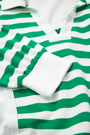 Green Stripe Colorblock Collared V Neck Cropped Knit Pullover