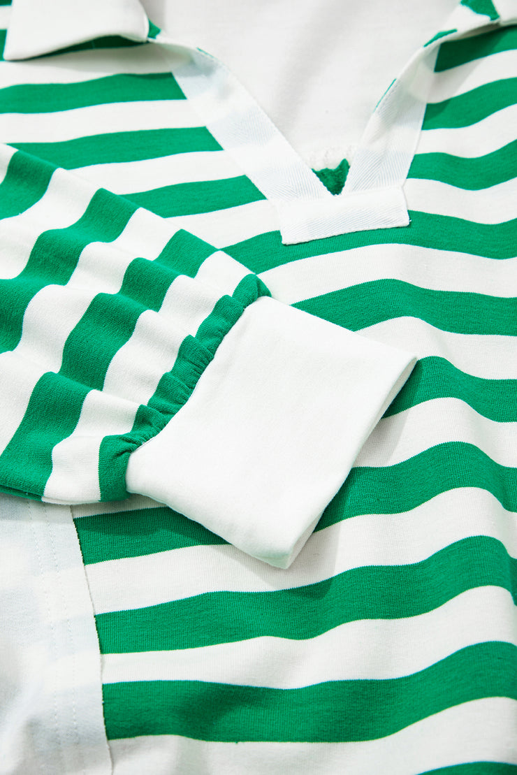 Green Stripe Colorblock Collared V Neck Cropped Knit Pullover