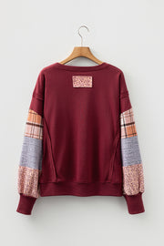 Red Sandalwood Plaid Colorblock Patchwork Sleeve Raw Seam Sweatshirt