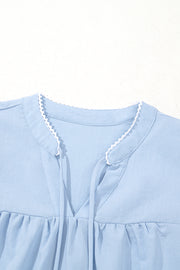 Beau Blue Floral Embroidered Puff Sleeve Split Neck Blouse