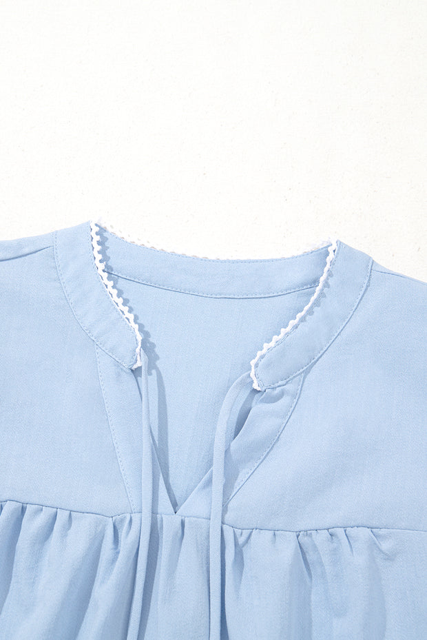 Beau Blue Floral Embroidered Puff Sleeve Split Neck Blouse