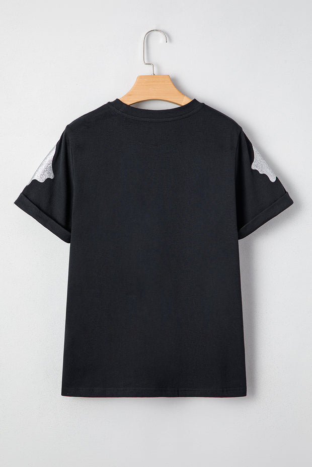 Black Glitter Ghost Pattern Crew Neck Halloween T Shirt