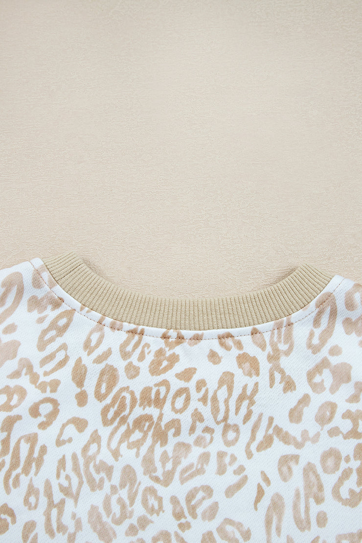 Khaki Leopard Ruffle Detail Ribbed Trim Round Neck Sweatshirt