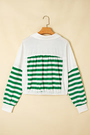 Green Stripe Colorblock Collared V Neck Cropped Knit Pullover