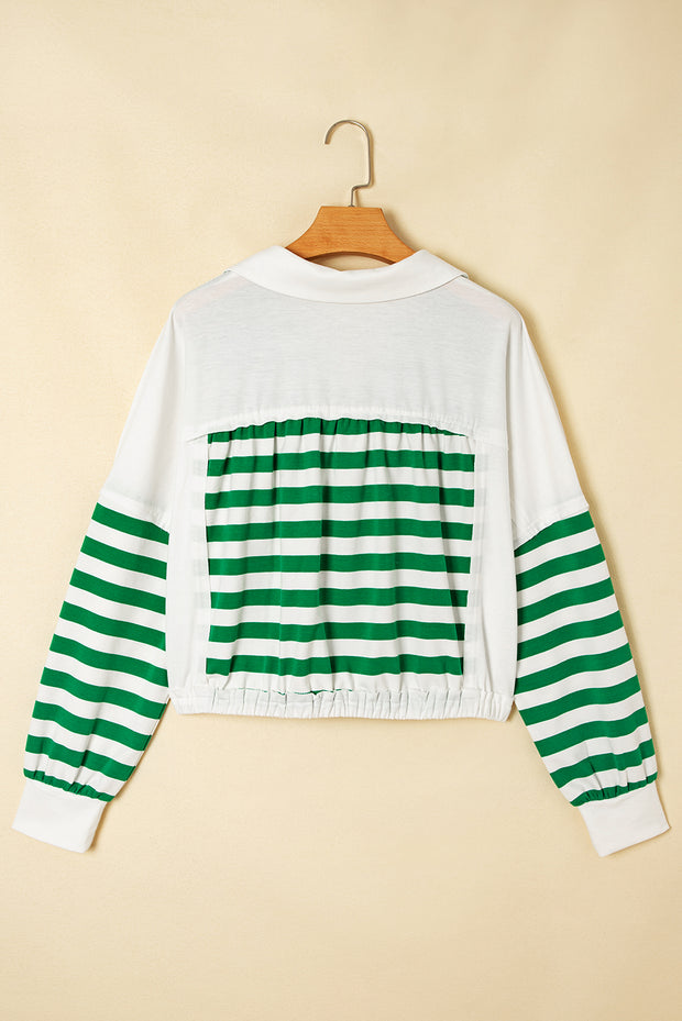 Green Stripe Colorblock Collared V Neck Cropped Knit Pullover