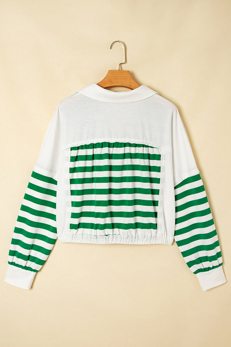 Green Stripe Colorblock Collared V Neck Cropped Knit Pullover