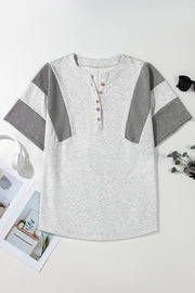 Light Grey Two Tone Contrast Waffle Knit Patched Buttoned V Neck Top