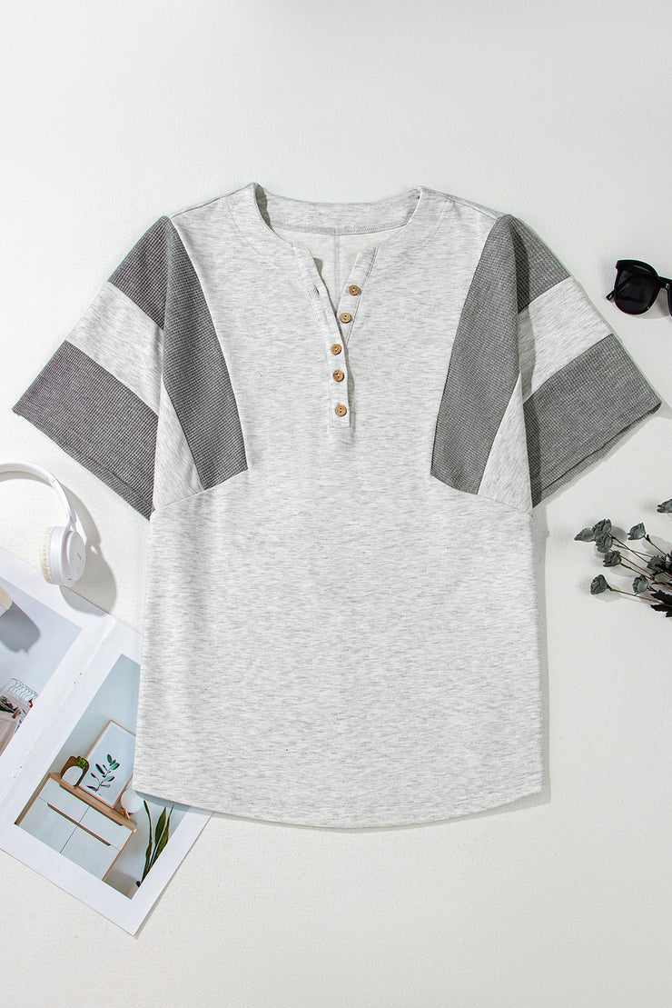 Light Grey Two Tone Contrast Waffle Knit Patched Buttoned V Neck Top