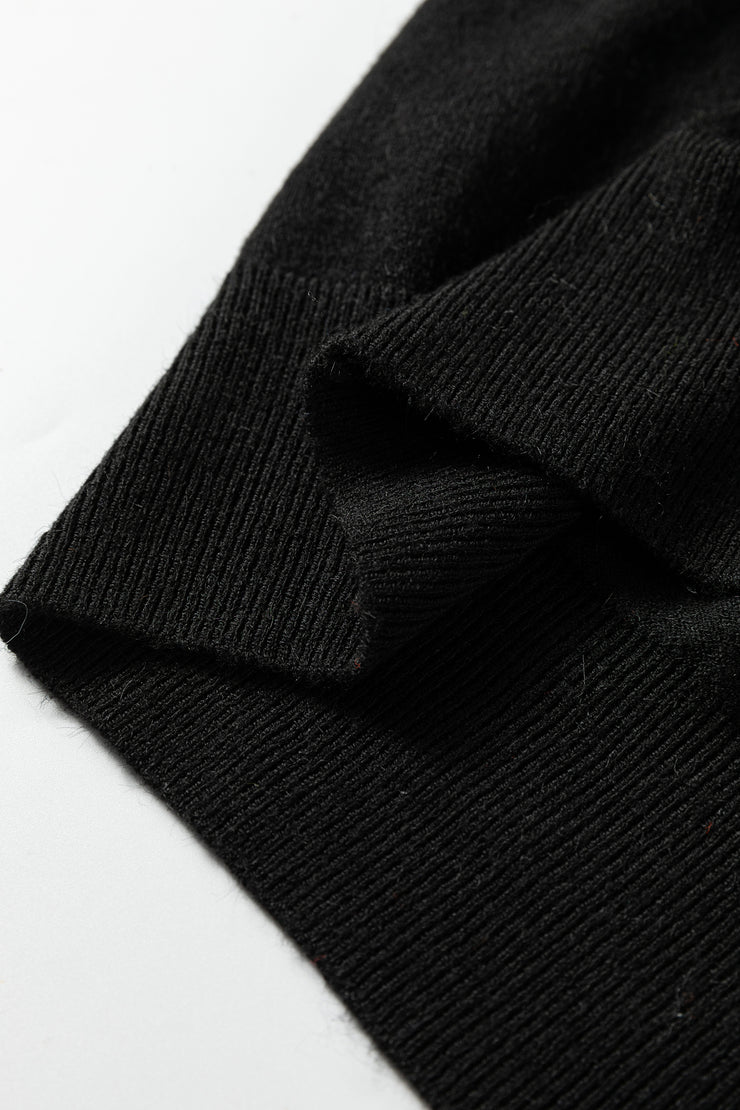 Black Contrast Striped Trim V Neck Varsity Sweater