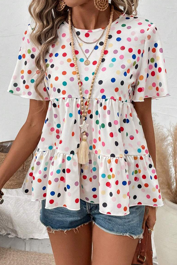 White Colorful Polka Dot Short Sleeve Tiered Ruffled Babydoll Blouse